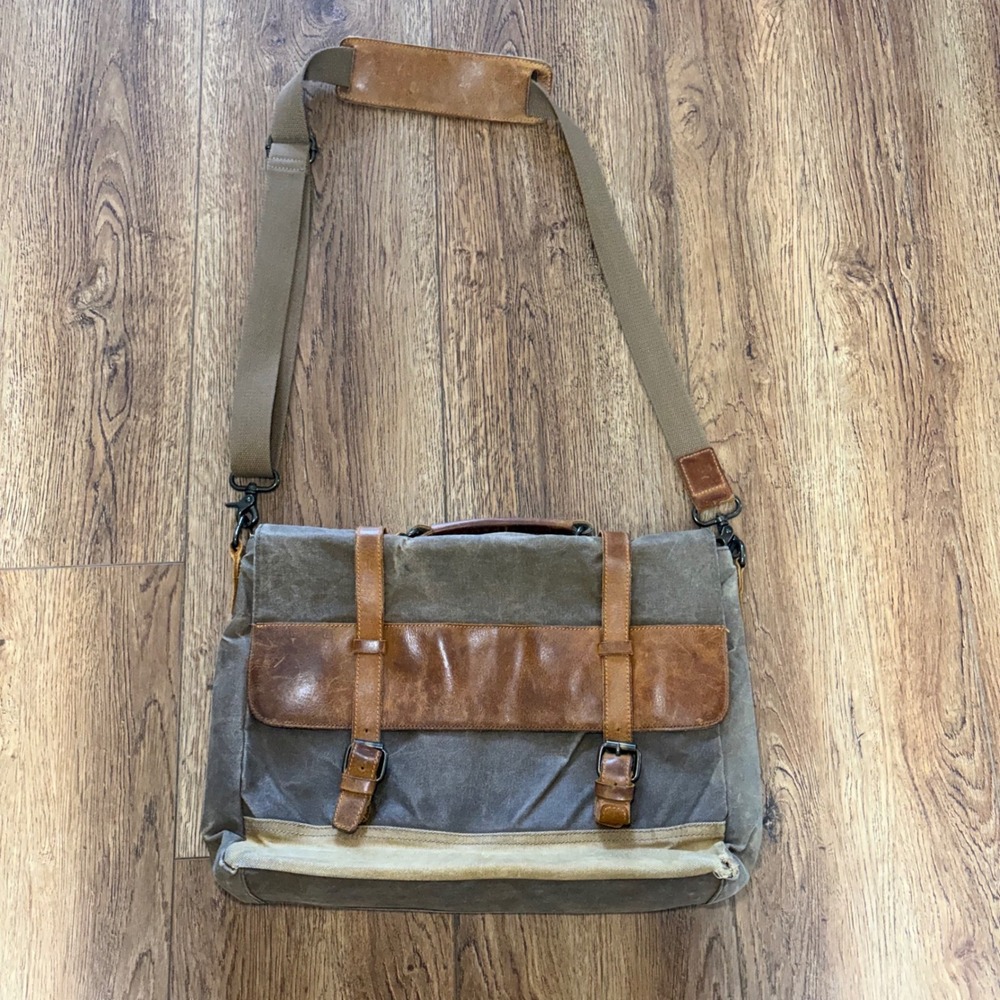 NEWHEY Waxed Canvas Brown Leather Messenger Bag Gray Laptop Satchel Adjustable